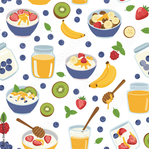 A seamless pattern features yogurt, fruit, honey, and various breakfast foods.