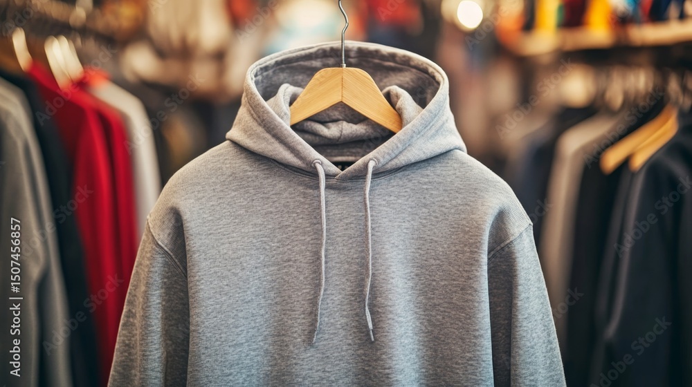 Fototapeta premium Grey hoodie on hanger in clothing store with folded sweatshirts in background.