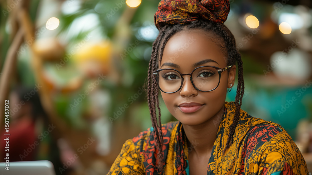 Fototapeta premium Young Black woman wearing glasses and traditional African headwrap smiling confidently in modern cafe setting with warm bokeh lighting