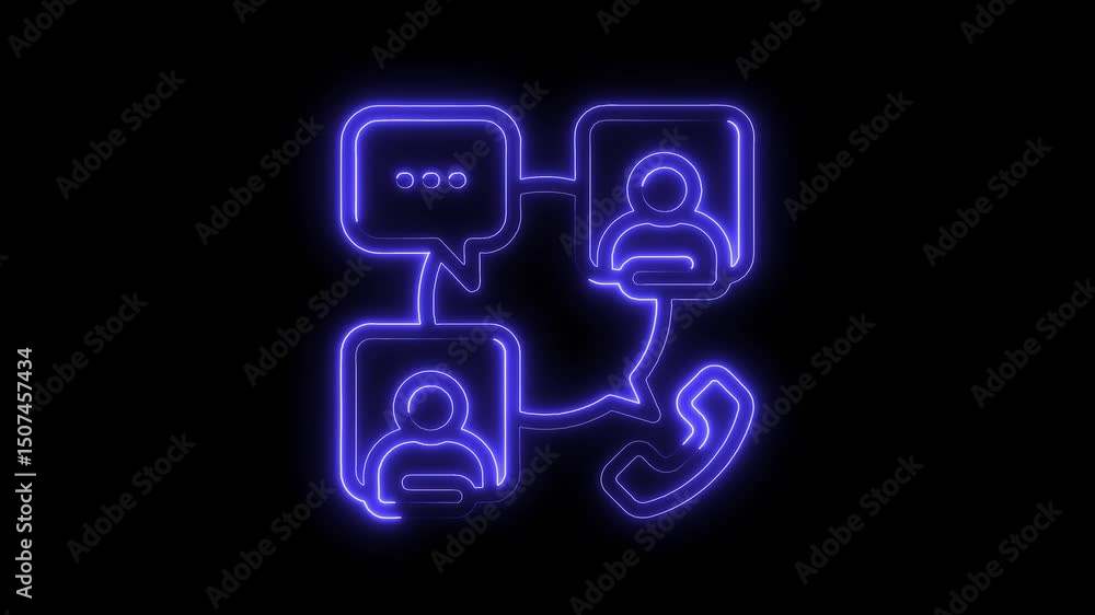 Neon communication icons illustrating virtual meetings and online chat connections on black background Neon communication icons illustrating virtual meetings and online chat connections on black background