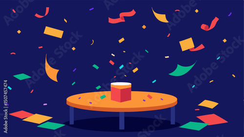 Discount Bonanza A vibrant eruption of paper streamers and confetti floats through the air landing onto a table filled with items marked with surprise price s.