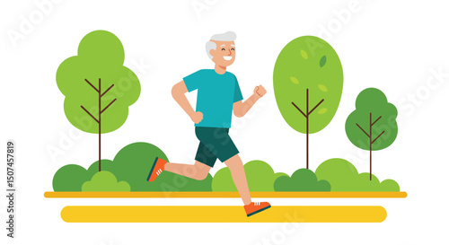 Elderly man jogging outdoors in green park with trees and bushes vector illustration 