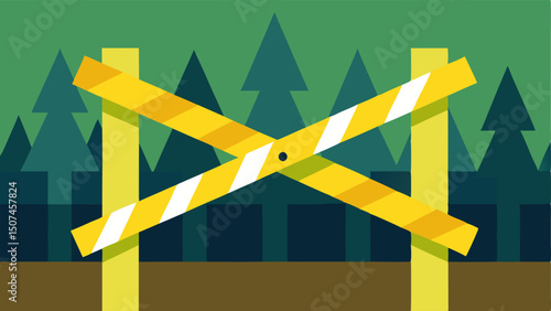 Caution Barrier A section of vibrant yellow police tape stretched between two wooden posts emblazoned with bold Do Not Cross text against a minimalistic forest background.