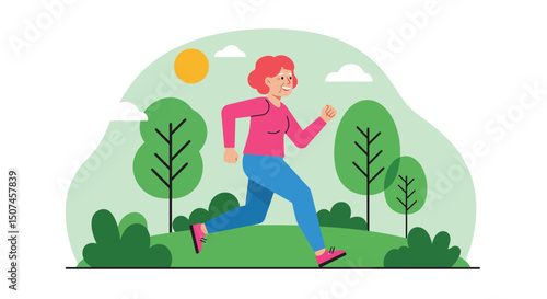 Woman running outdoors in nature park with green trees and sun during daytime activity illustration 