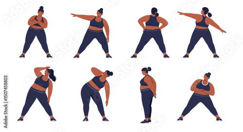 Woman performing various stretching and warm-up exercises vector illustration in active fitness routine for lifestyle and health 