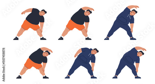 Overweight man stretching exercises in sportswear for fitness and health improvement vector illustration 