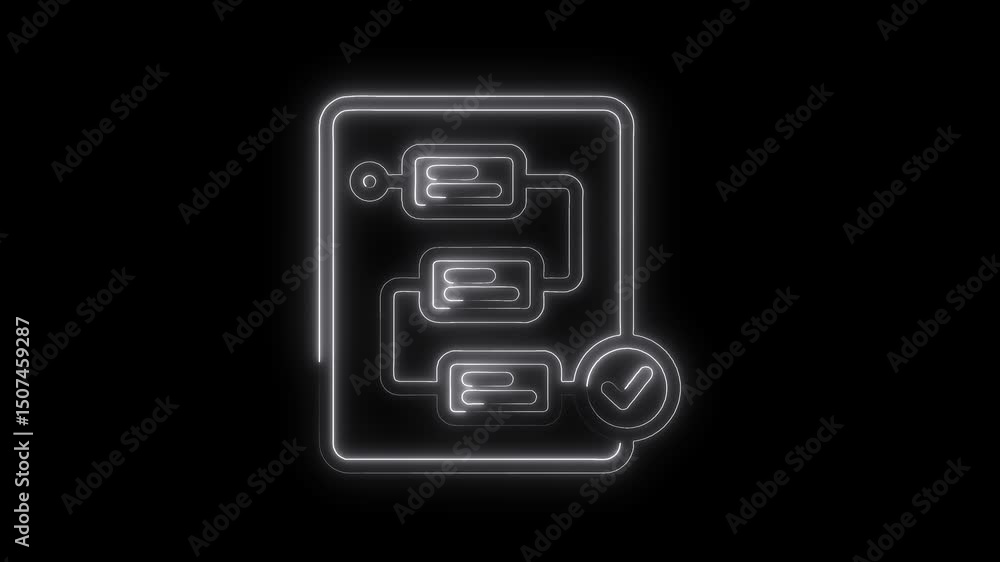 Neon workflow diagram with check mark complete shows process flow for business Neon workflow diagram with check mark complete shows process flow for business