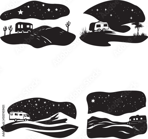 Night Camper Van Desert Landscape Silhouette Vector Set