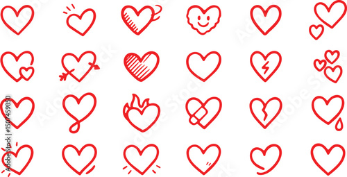 Comic style heart shape icon collection in outline and solid style for love, romance and Valentine's themes