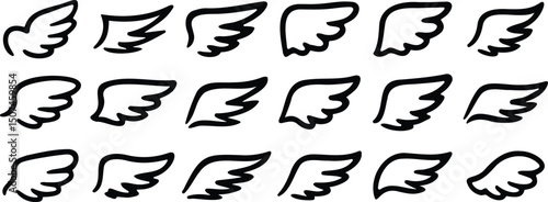 Comic style angel wing silhouette vector icon set in curved, pointed and stylized forms for fantasy and mythological themes
