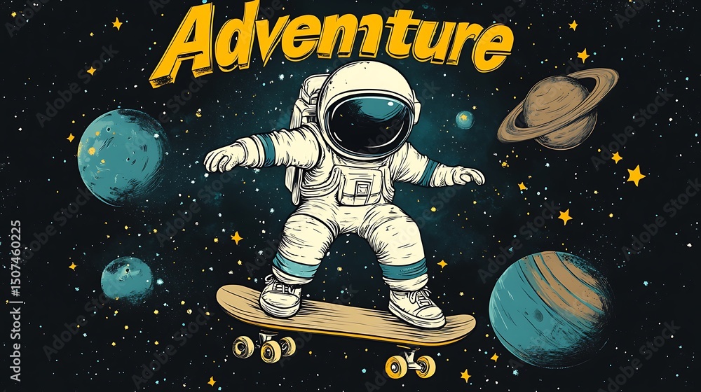 Naklejka premium Astronaut skateboarding through space.