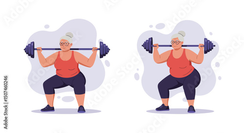 Senior woman performing barbell squats fitness exercise for strength training and healthy lifestyle vector illustration 