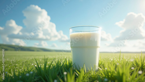 Glass of milk on green grass, peaceful mood, bright sky with clouds, copy space
