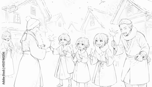Children joyfully interacting with a storyteller during a festive winter celebration in a charming village
