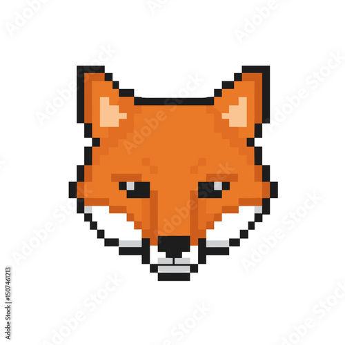 Pixel art illustration of a fox head in orange and white colors  