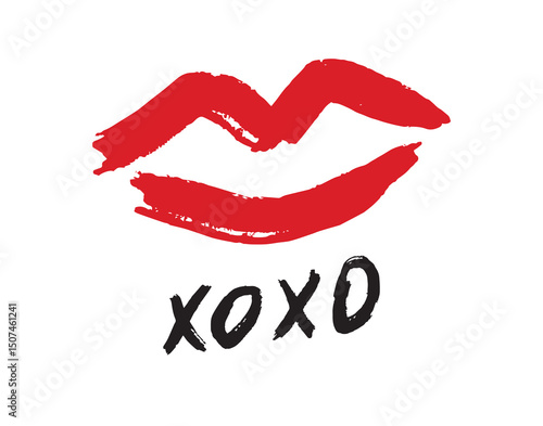 pink red lipstick kiss symbol, hugs and kisses text xoxo. lips xo xo doodle hand drawn icon. Drawing line clipart symbol