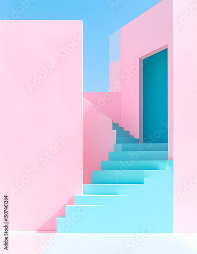 Bangunan Geometris Warna Pastel Merah Muda dan Biru dengan Tangga, Pastel Pink and Blue Geometric Building with Stairs