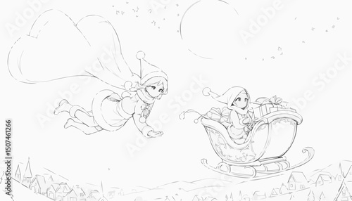 Santa's helper flying alongside a magical sleigh filled with gifts in a festive winter sky
