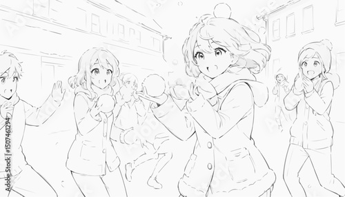 Children joyfully participating in a snowball fight in a lively winter village
