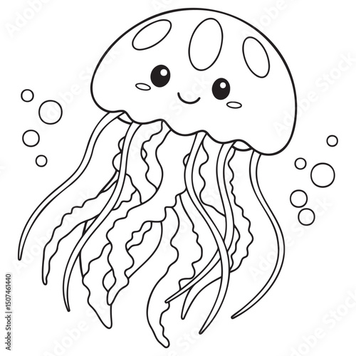 Coloring page of cheerful jellyfish with bubbles for children