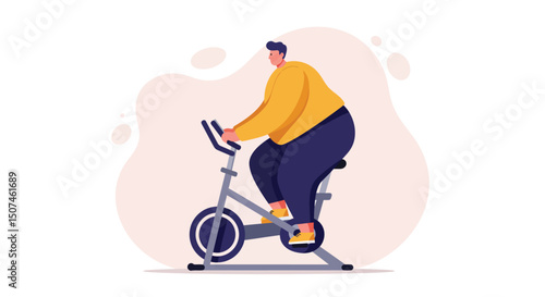 Man Exercising on Stationary Bike Indoor Fitness Workout Activity Vector Illustration 