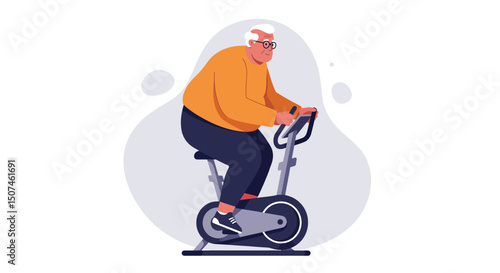 Elderly man exercising on stationary bike indoor fitness workout vector illustration 