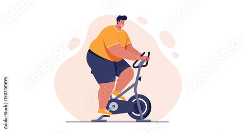 Overweight man exercising on stationary bike indoors for fitness and health improvement vector illustration 