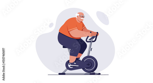 Elderly man exercising on stationary bike for healthy lifestyle and fitness activities vector illustration 