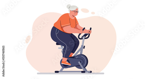 Elderly Woman Exercising on Stationary Bike for Healthy Lifestyle and Fitness Routine Vector Illustration 