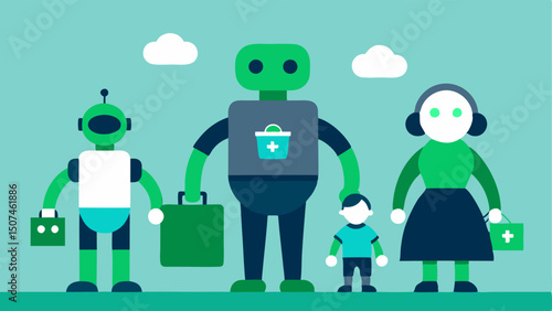 EcoGuided Shopping Journey A robot leading a family through a virtual shopping mall filled with green signage and ecoconscious brands emphasizing community and sustainability.