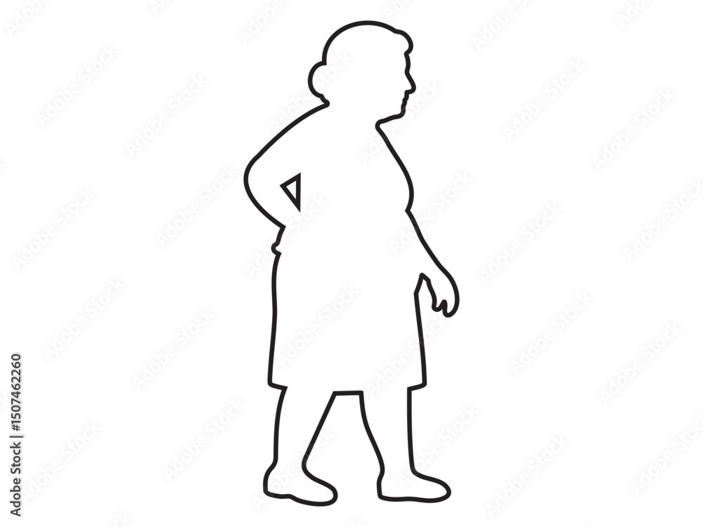 Vector outline of elderly woman walking in profile view with hand on lower back, isolated on white background. Concept of senior mobility, aging body, human outline, minimal art Vector outline of elderly woman walking in profile view with hand on lower back, isolated on white background. Concept of senior mobility, aging body, human outline, minimal art