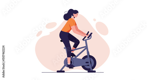 Woman Exercising on Stationary Bike Indoor Fitness Training Vector Illustration for Healthy Lifestyle 