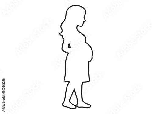 Black outline of pregnant woman standing in side profile isolated on white background, vector illustration. concept of icon, maternity, motherhood, female figure.