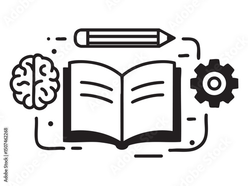 Black and white vector illustration of open book, pencil, brain, and gear, icon set for education, learning, knowledge, school, and study concepts, isolated on white background
