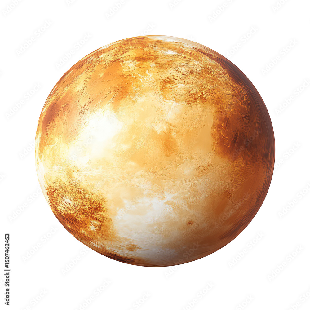 A rendered image of a planet with orange and white surface details against a black background space A rendered image of a planet with orange and white surface details against a black background space