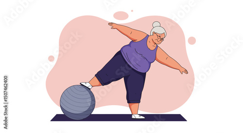 Senior woman balancing on exercise ball doing fitness workout in home environment vector illustration 