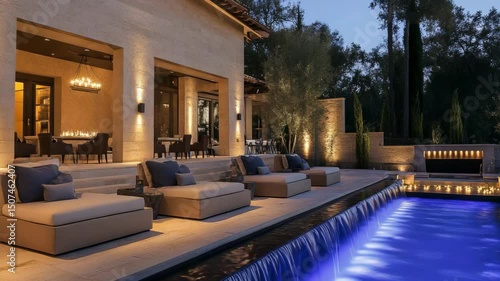 Elegant resort lounge with travertine walls, plush taupe seating, serene lighting, water feature centerpiece, and quiet luxury design