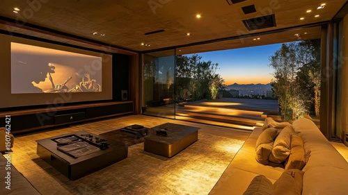 Entertainment hub residence with rooftop cinema, ambient lighting, hidden sound system, and glass-walled lounge