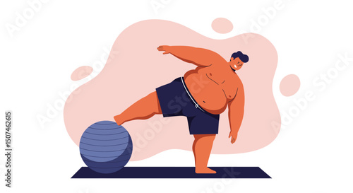 Overweight man balancing on large fitness ball in exercise routine vector illustration 