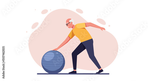 Elderly man exercising with large fitness ball in casual outfit vector illustration 