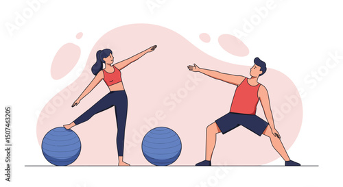 Fitness exercise with fit man and woman stretching on balance balls in activewear vector illustration 