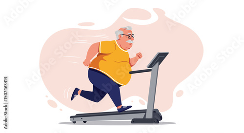 Overweight elderly man running on treadmill exercising for health and fitness lifestyle vector illustration 