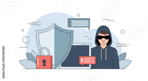 Hacker in hoodie with computer and security symbols representing cyber crime concept