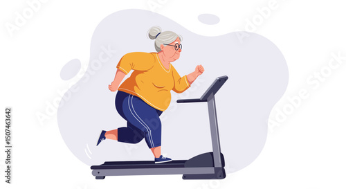 Mature woman running on treadmill exercising for fitness and health in home environment vector illustration 