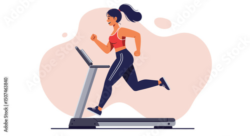 Woman running on treadmill indoor exercise fitness workout health activity vector illustration 