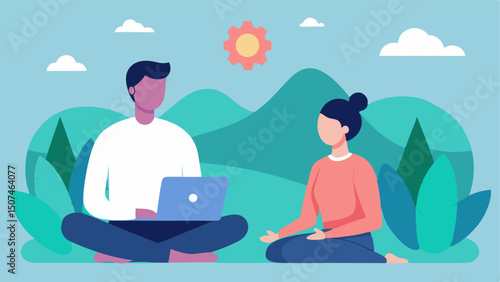 Mindfulness Coaching A serene scene of a coach guiding a client through a meditation session via a laptop with calming visuals like nature backgrounds.