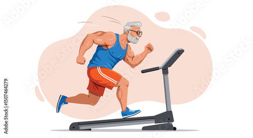 Elderly man running on treadmill in athletic wear demonstrating fitness and healthy lifestyle habits indoors 