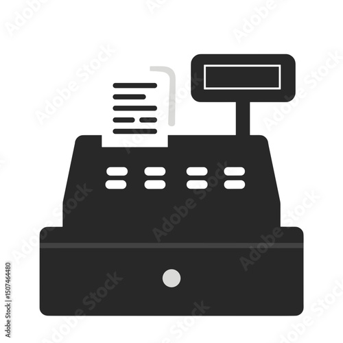 Cash register with printed receipt in black and white design  