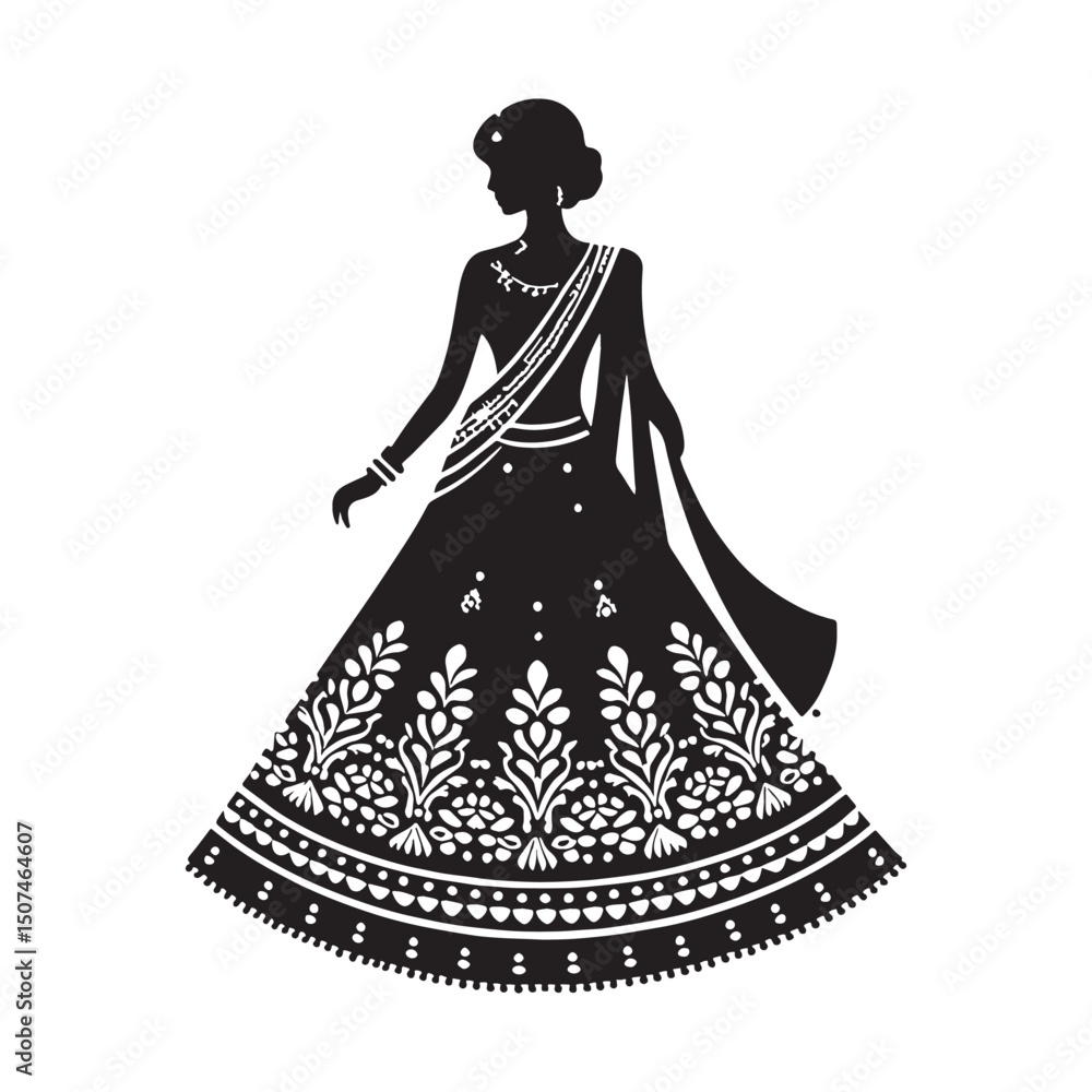 Fototapeta premium Sharp outline silhouette of Lehenga Choli vector – lehenga choli silhouette – lehenga choli vector – lehenga choli illustration – ladies dress silhouette – silhouette of lehenga choli