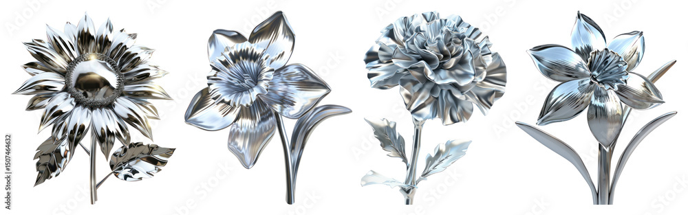 PNG Metallic floral art collection, element set on transparent background PNG Metallic floral art collection, element set on transparent background